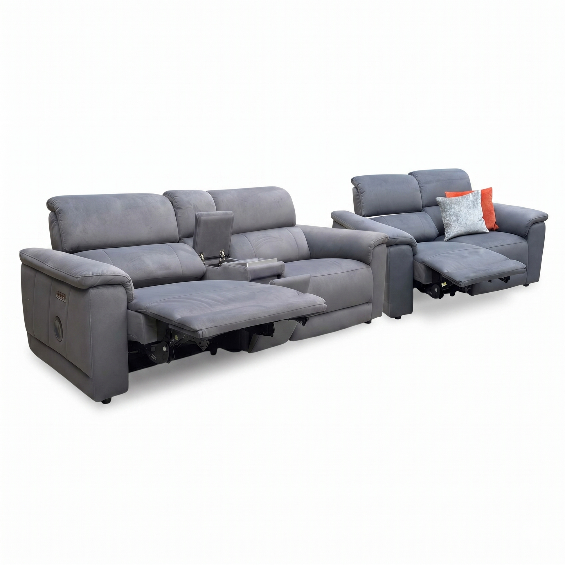 Gray reclining sofa set with additional seat on a white background
