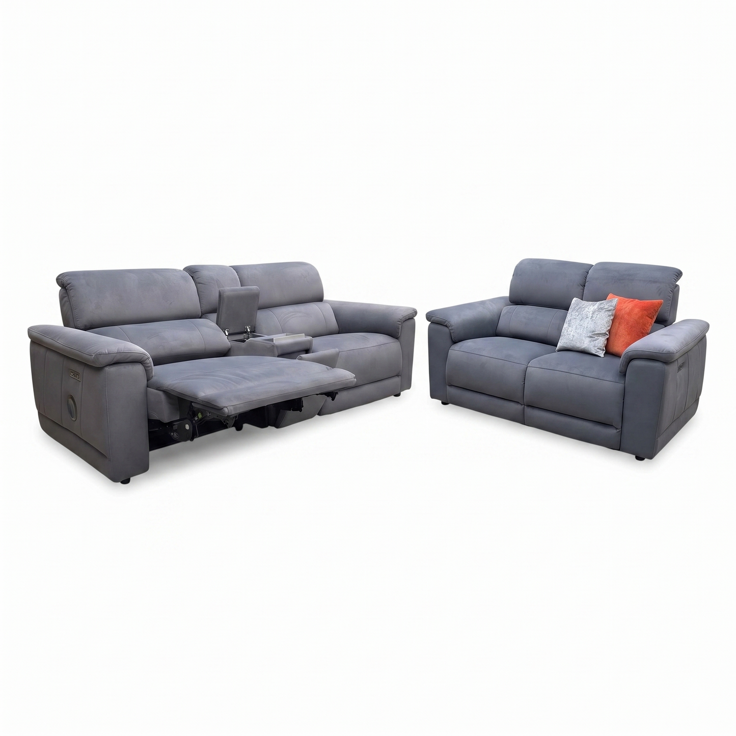 'Genius’ Bella Iron Grey 43460 Velvet 3+2 Seater Power Recliner Media Sofa with Power Headrest, Power Lumbar and Heated Seats
