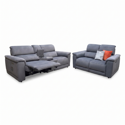 'Genius’ Bella Iron Grey 43460 Velvet 3+2 Seater Power Recliner Media Sofa with Power Headrest, Power Lumbar and Heated Seats