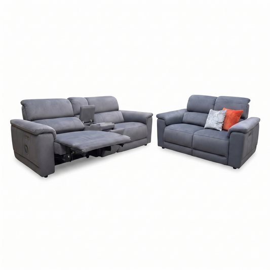'Genius’ Bella Iron Grey 43460 Velvet 3+2 Seater Power Recliner Media Sofa with Power Headrest, Power Lumbar and Heated Seats