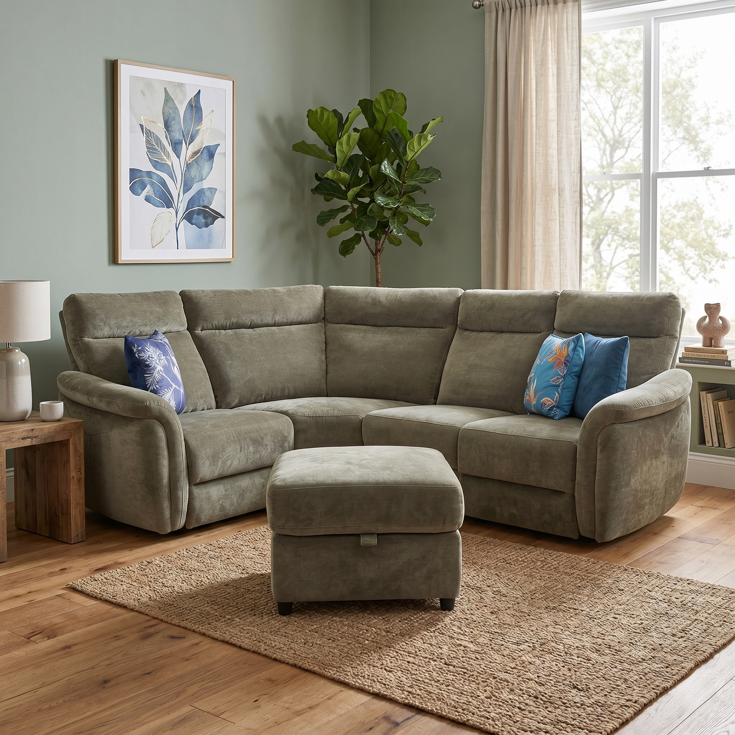 ‘Dublin’ Bianca Olive Green Fabric Right Hand Facing Corner Sofa + Storage Footstool