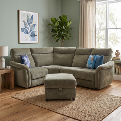 ‘Dublin’ Bianca Olive Green Fabric Right Hand Facing Corner Sofa + Storage Footstool