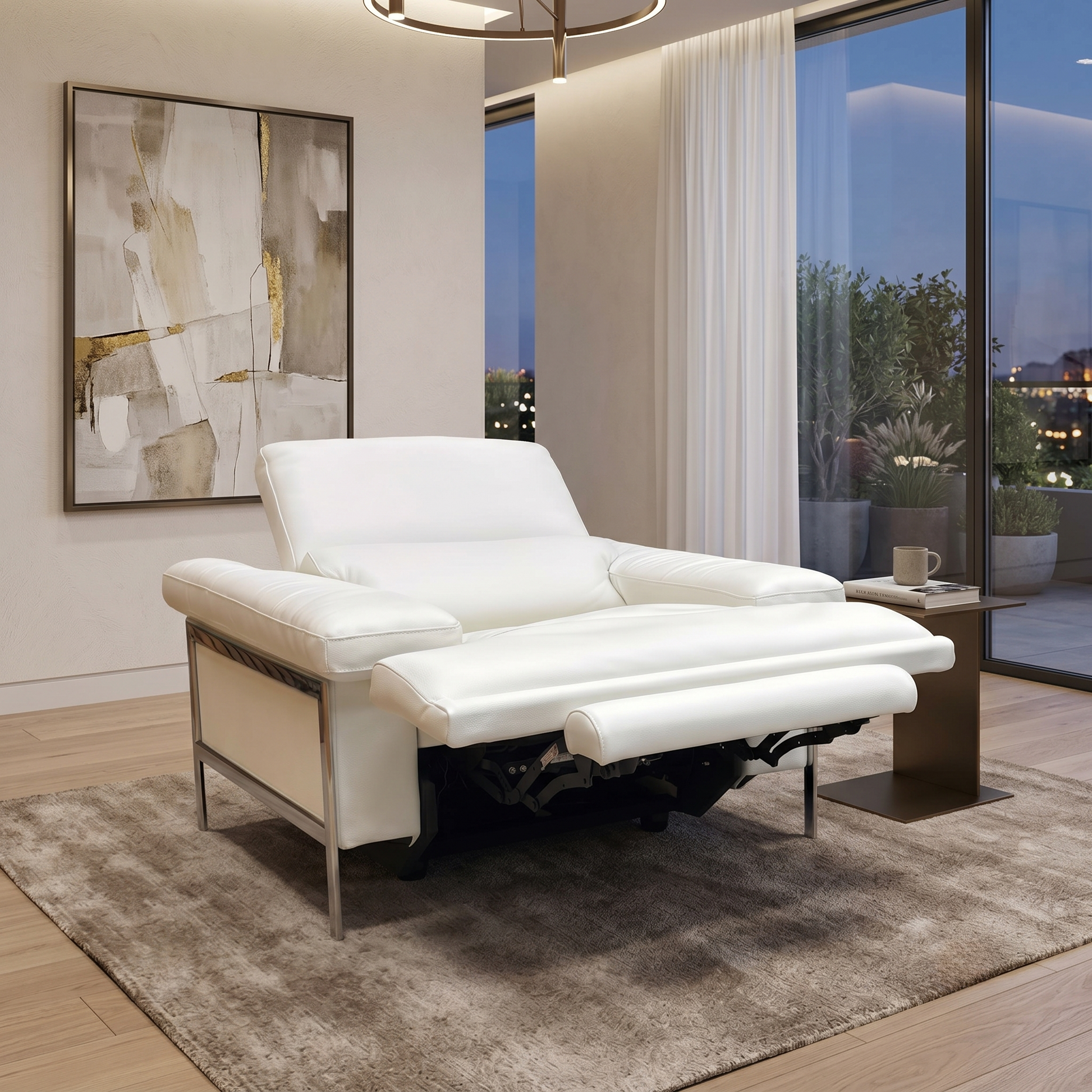 Living room view of Nicoletti Theron Torello modern Italian white leather armchair. Detailed shot showcasing the ergonomic sloping armrests, clean contemporary stitching lines, and slim side profile engineered for high-end comfort and space-saving elegance.