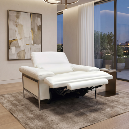 Living room view of Nicoletti Theron Torello modern Italian white leather armchair. Detailed shot showcasing the ergonomic sloping armrests, clean contemporary stitching lines, and slim side profile engineered for high-end comfort and space-saving elegance.