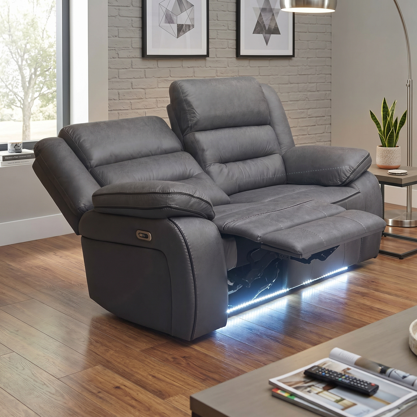 Living room view of Vegas charcoal grey fabric home theatre 2-seater sofa. Detailed shot highlighting the deeply padded backrests, ergonomic arm cushions, and heavy-duty reclining base frame engineered for premium lounging comfort.