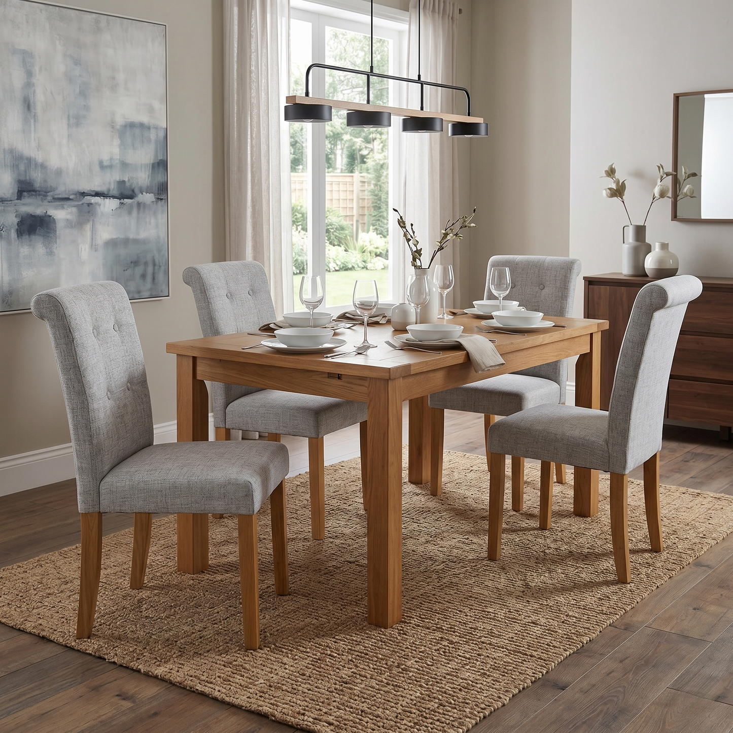 Furnitureland ‘Augusta’ Mist Grey Fabric Set of 4 Roll Back Upholstered Dining Chairs