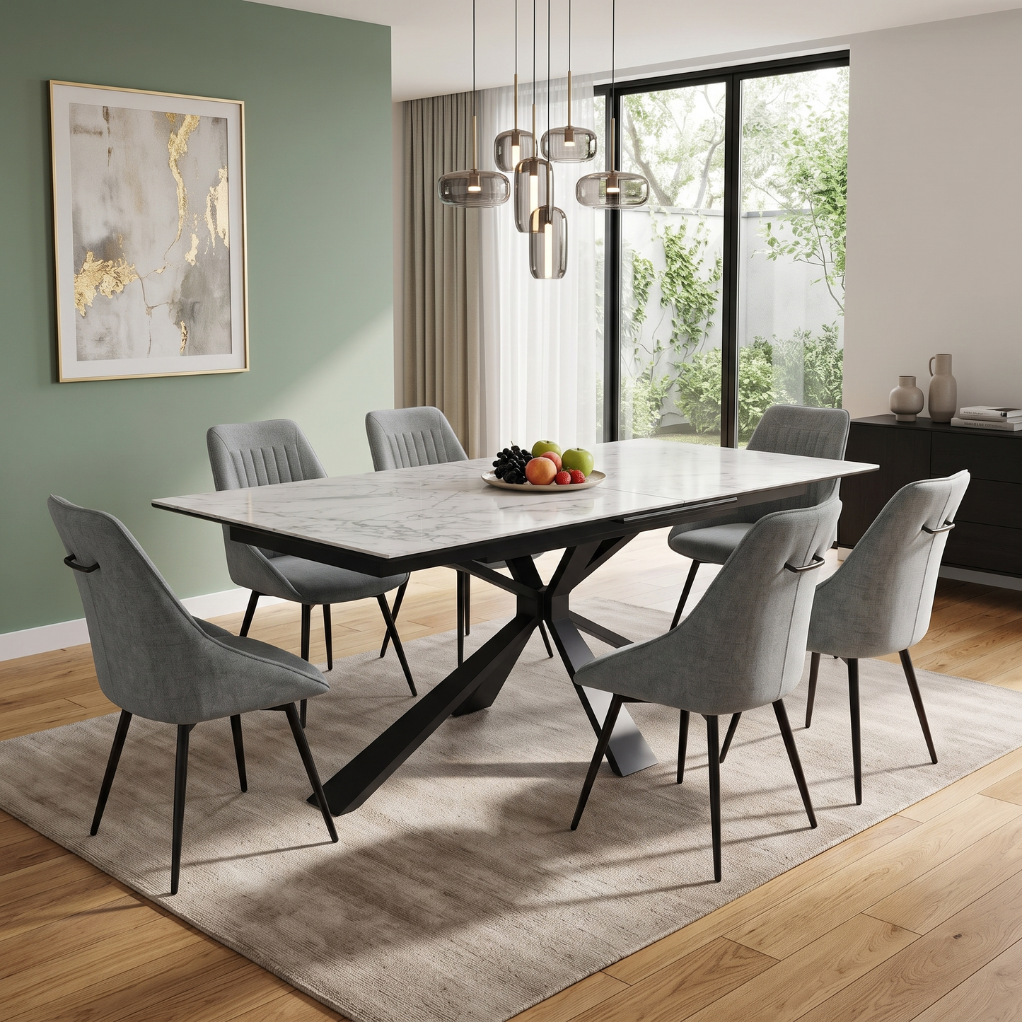 'Crete' Ceramic Top 180cm Large Extending Dining Table with Dark Grey Set of 6 Swivel Dining Chairs Furniture Village