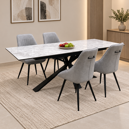 'Crete' Ceramic Top 180cm Large Extending Dining Table + Light Grey Fabric Swivel Dining Chairs - Set of 4