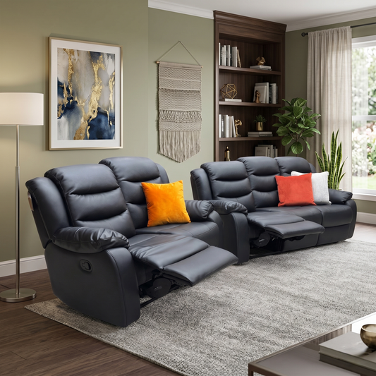 ‘Rothbury’ Black Faux Leather 3 + 2 Seater Manual Recliner Sofa Set