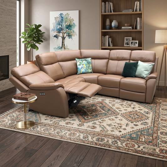 ‘Kingsmere' Tan Brown Leather Power Recliner Corner Sofa