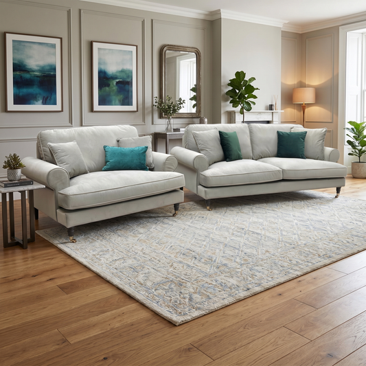 ‘Coast’ Mink Fabric 3 Seater Sofa + Snuggle Chair