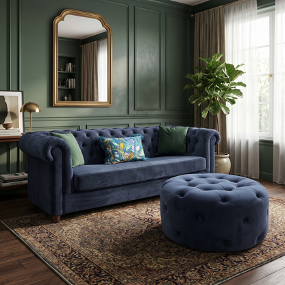 ‘Chester’ Navy Fabric Sofa Bed + Round Footstool