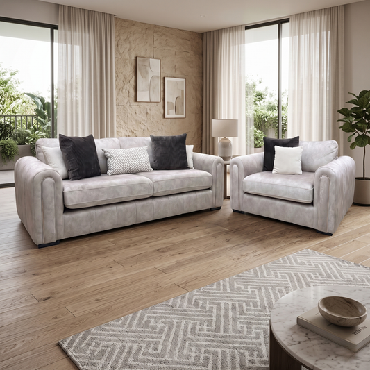 'Amara' Dapple Stone Fabric 3 Seater + Snuggle Chair Sofa Set