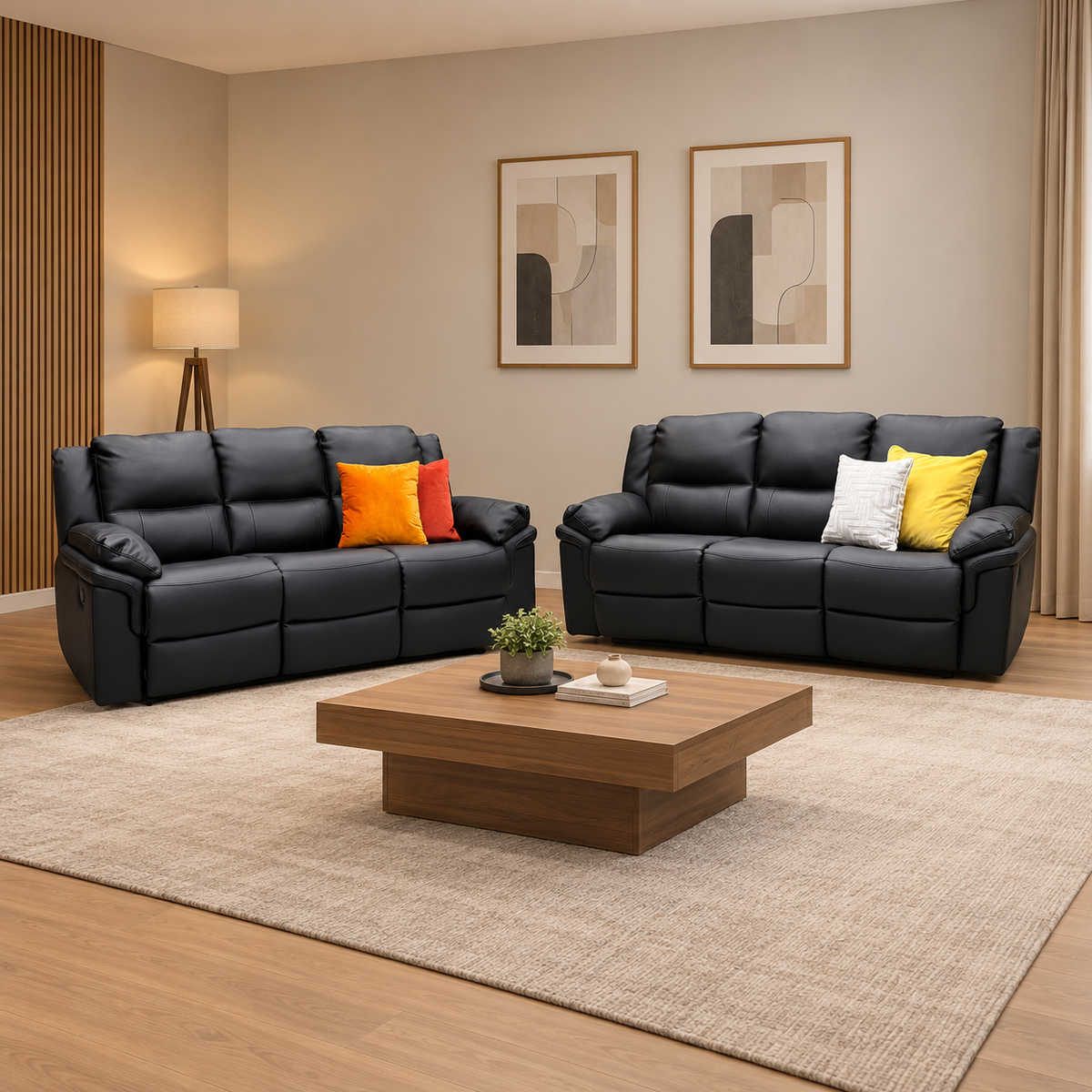 ‘Albion' Black Luxury Faux Leather 3 + 3 Seater High Back Manual Recliner Sofa Set