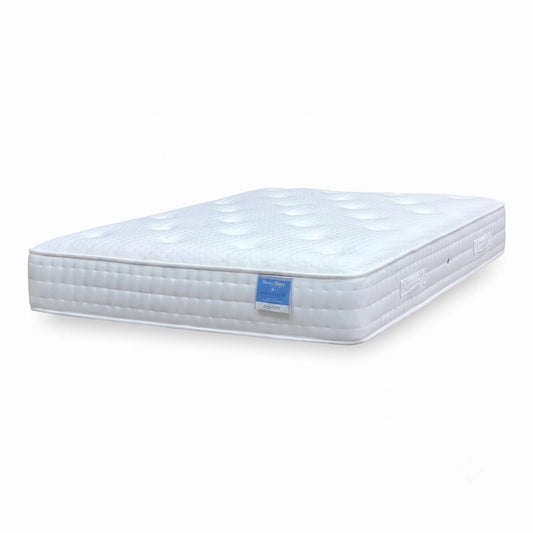 Full View ‘Sleep Story Ergo 1000’ Double mattress, showcasing a modern, plush hand-tufted quilted sleep surface with crisp contemporary border tailoring.