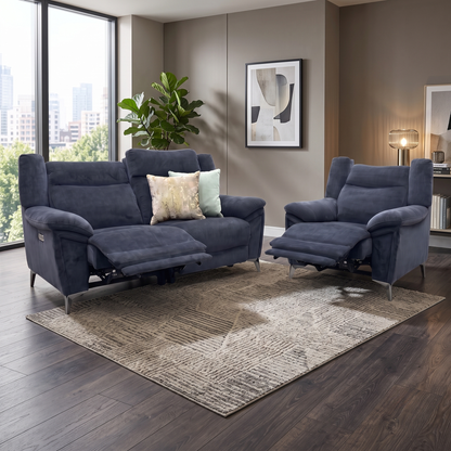 ‘Panache' Manhattan Indigo 58009 Fabric 2 Seater Power Recliner + Chair Sofa Set