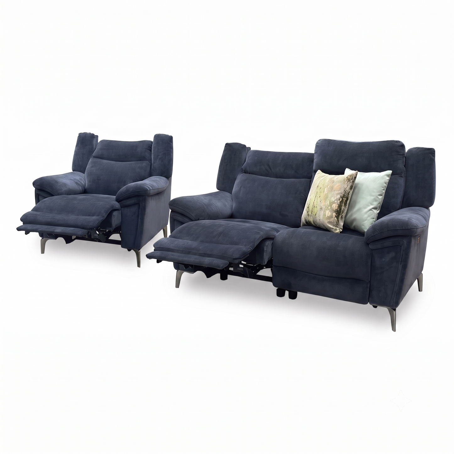 ‘Panache' Manhattan Indigo 58009 Fabric 2 Seater Power Recliner + Chair Sofa Set