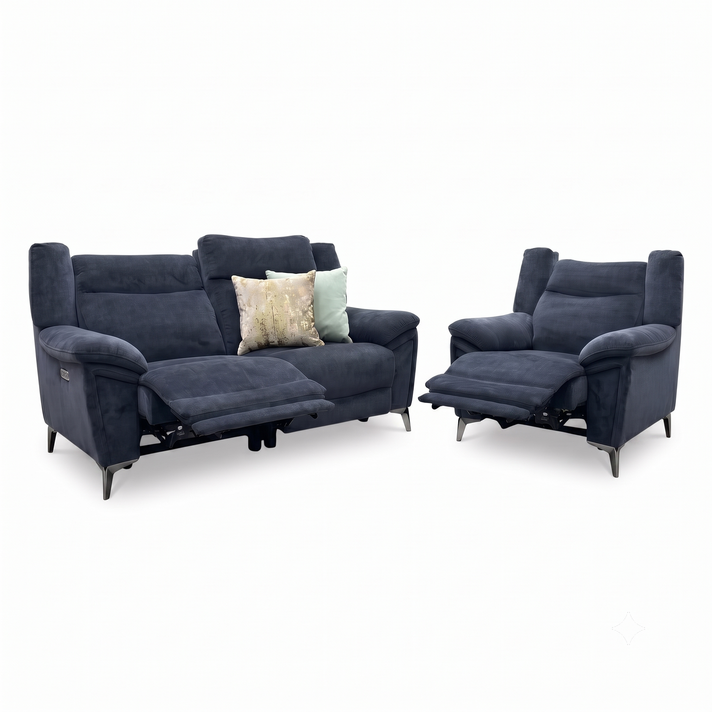 ‘Panache' Manhattan Indigo 58009 Fabric 2 Seater Power Recliner + Chair Sofa Set