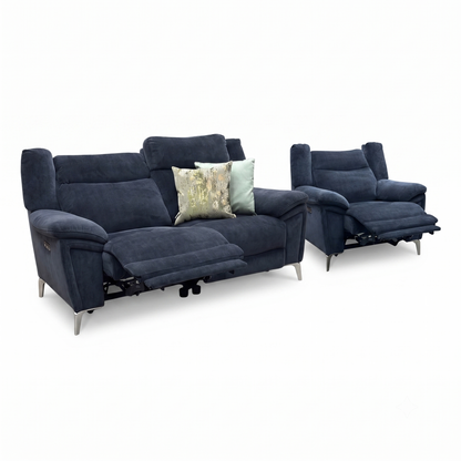 ‘Panache' Manhattan Indigo 58009 Fabric 2 Seater Power Recliner + Chair Sofa Set