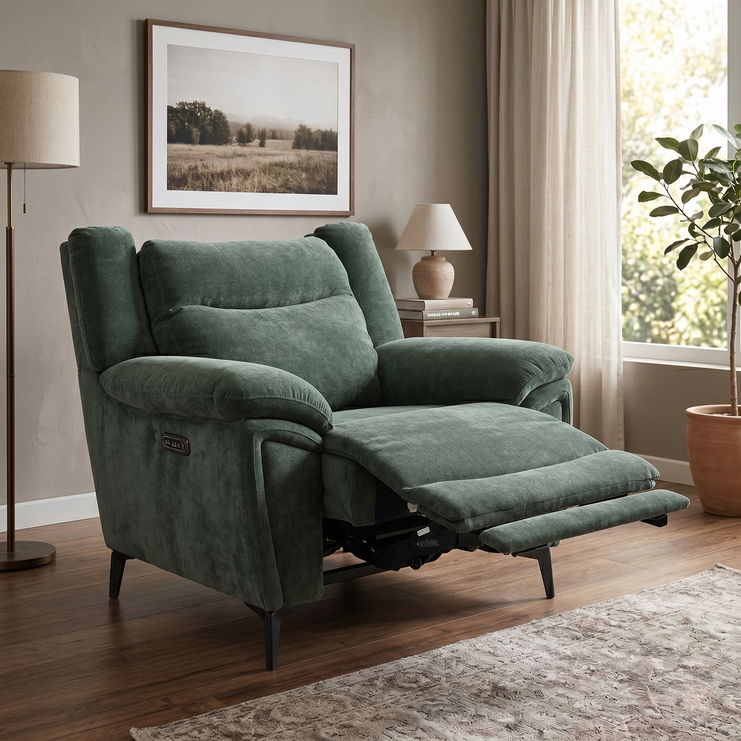 ‘Panache’ Manhattan Pine Green 58001 Fabric Power Recliner Chair with Power Headrest and Heated Seat