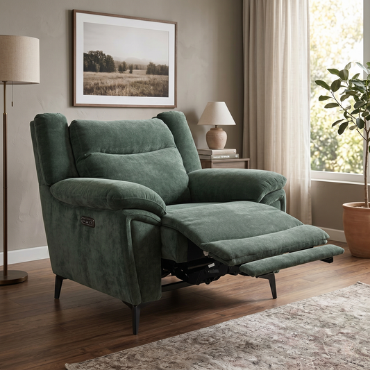 ‘Panache’ Manhattan Pine Green 58001 Fabric Power Recliner Chair with Power Headrest and Heated Seat