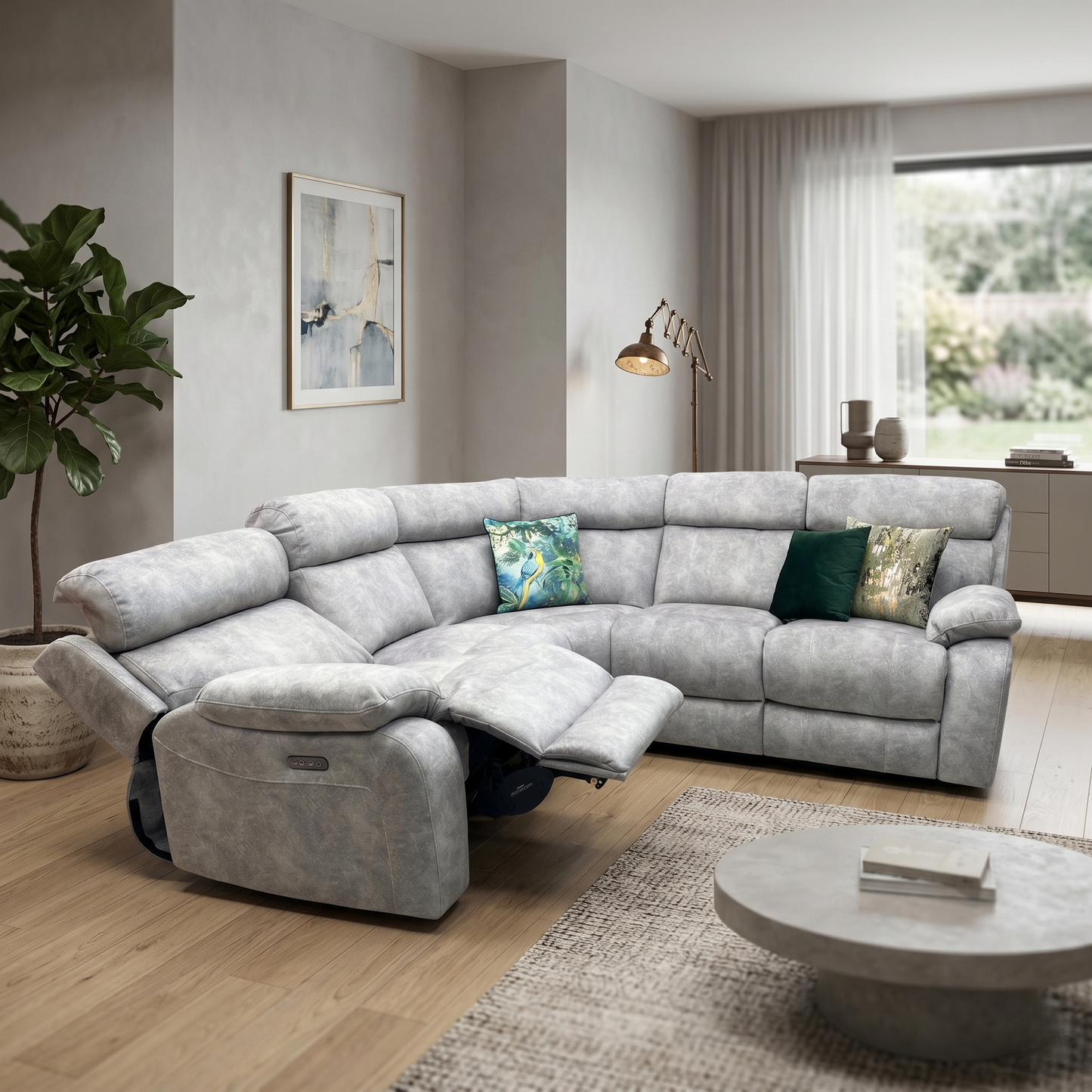 ‘Moreno’ Bfa-Bnn-R28 Grey Fabric Large Power Recliner Corner Sofa with Power Headrests