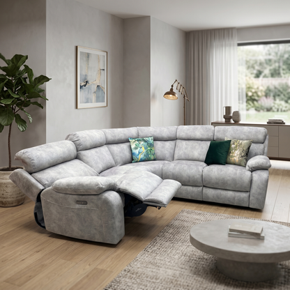 ‘Moreno’ Bfa-Bnn-R28 Grey Fabric Large Power Recliner Corner Sofa with Power Headrests