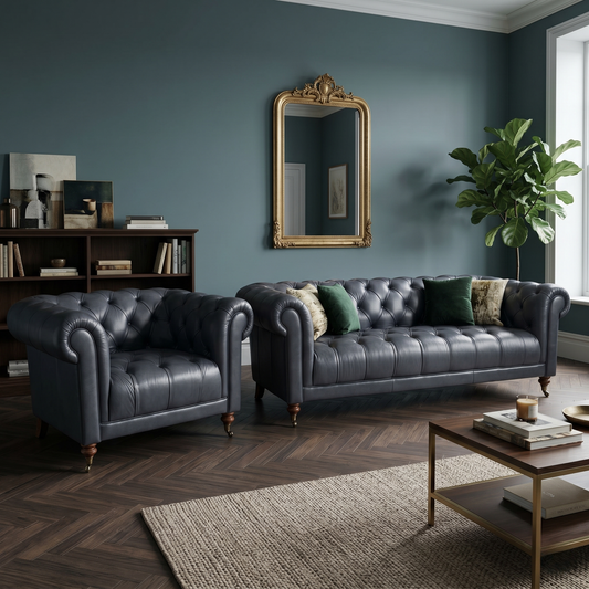 ‘Columbus’ Midnight Navy Blue Cat-200_85 Leather 3 Seater Sofa + Armchair