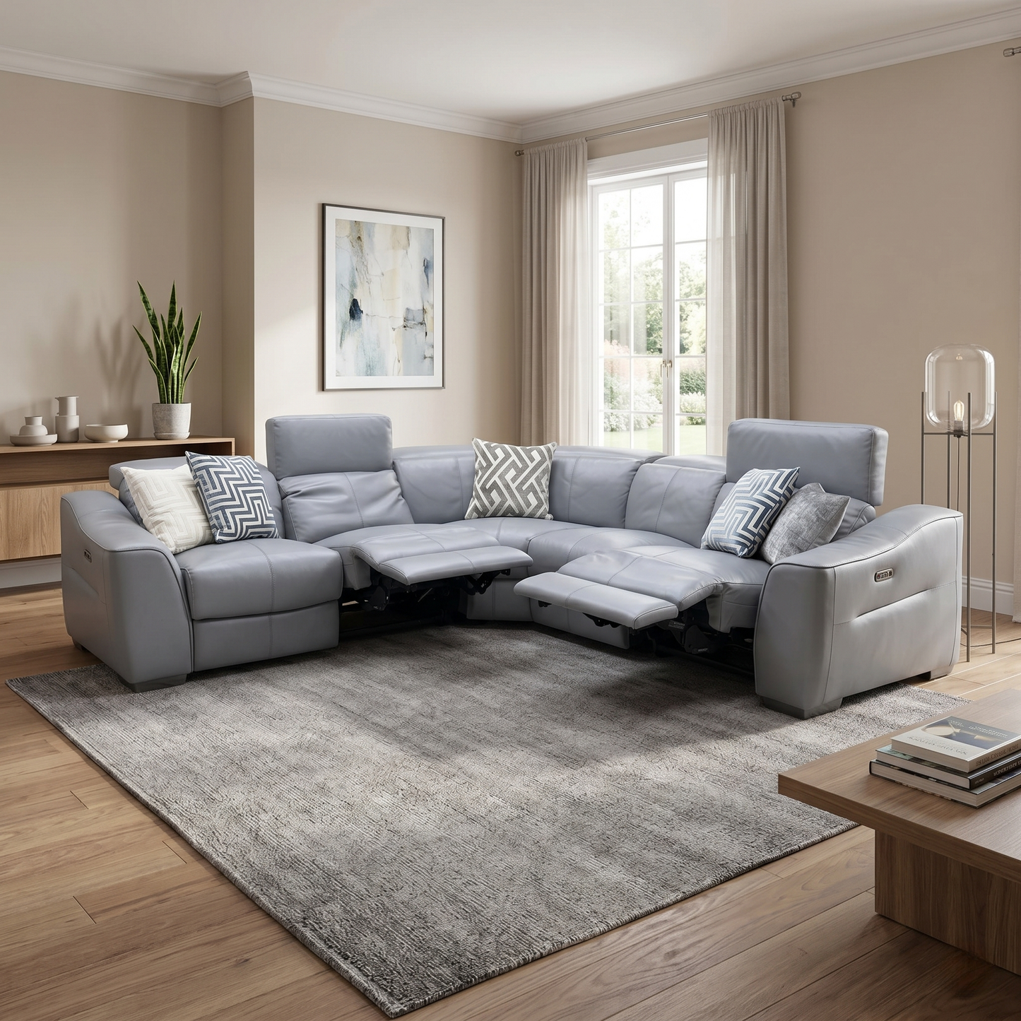 World of Leather ‘Xavier’ Nc-435e Sleet Grey Leather Power Recliner Large Corner Sofa with Power Headrests