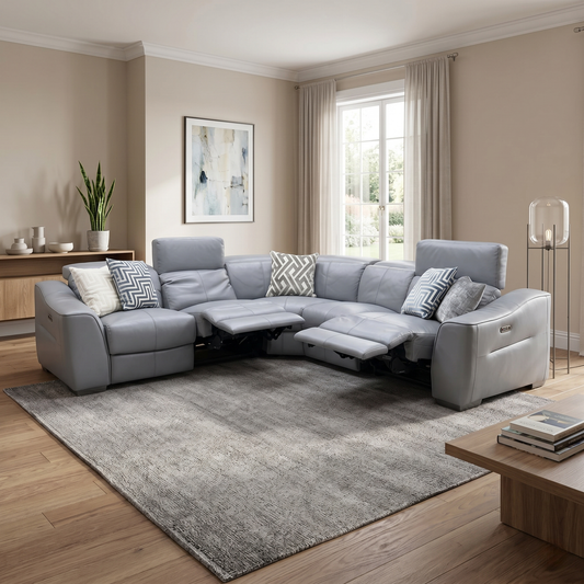 World of Leather ‘Xavier’ Nc-435e Sleet Grey Leather Power Recliner Large Corner Sofa with Power Headrests