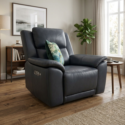 'Utah' Natural Milled Navy Blue La-4828 Leather Power Recliner Chair with Power Headrest, Power Lumbar and Heated Seats