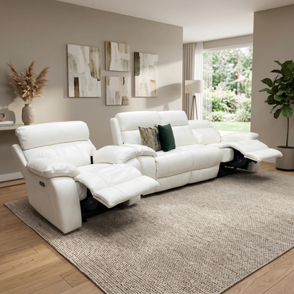 World of Leather ‘Moreno’ Nc-744d Star White Leather 3 Seater Power Recliner Sofa with Power Headrests + Power Chair