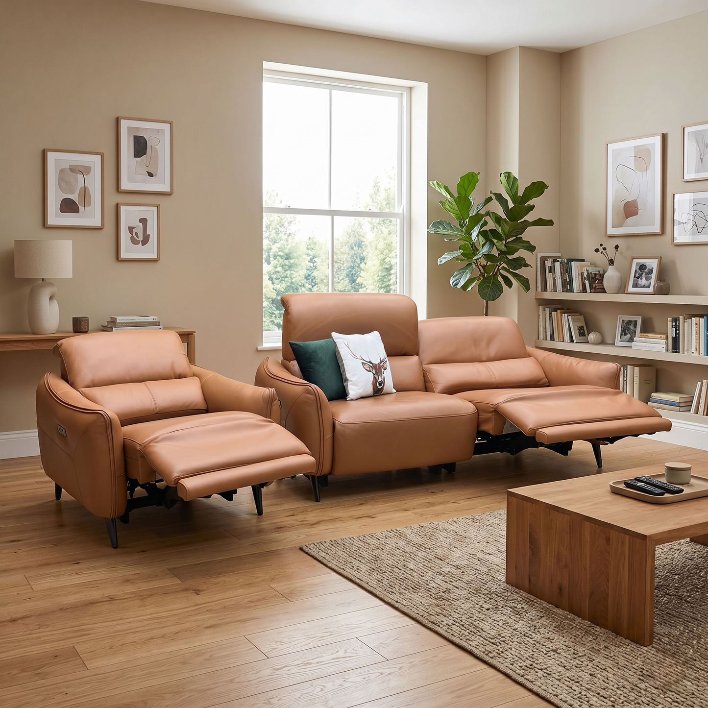 ‘Maddox’ Nn-575e Caramel Brown Leather 3 Seater Power Recliner Sofa with Power Headrests + Power Chair