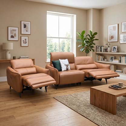 ‘Maddox’ Nn-575e Caramel Brown Leather 3 Seater Power Recliner Sofa with Power Headrests + Power Chair