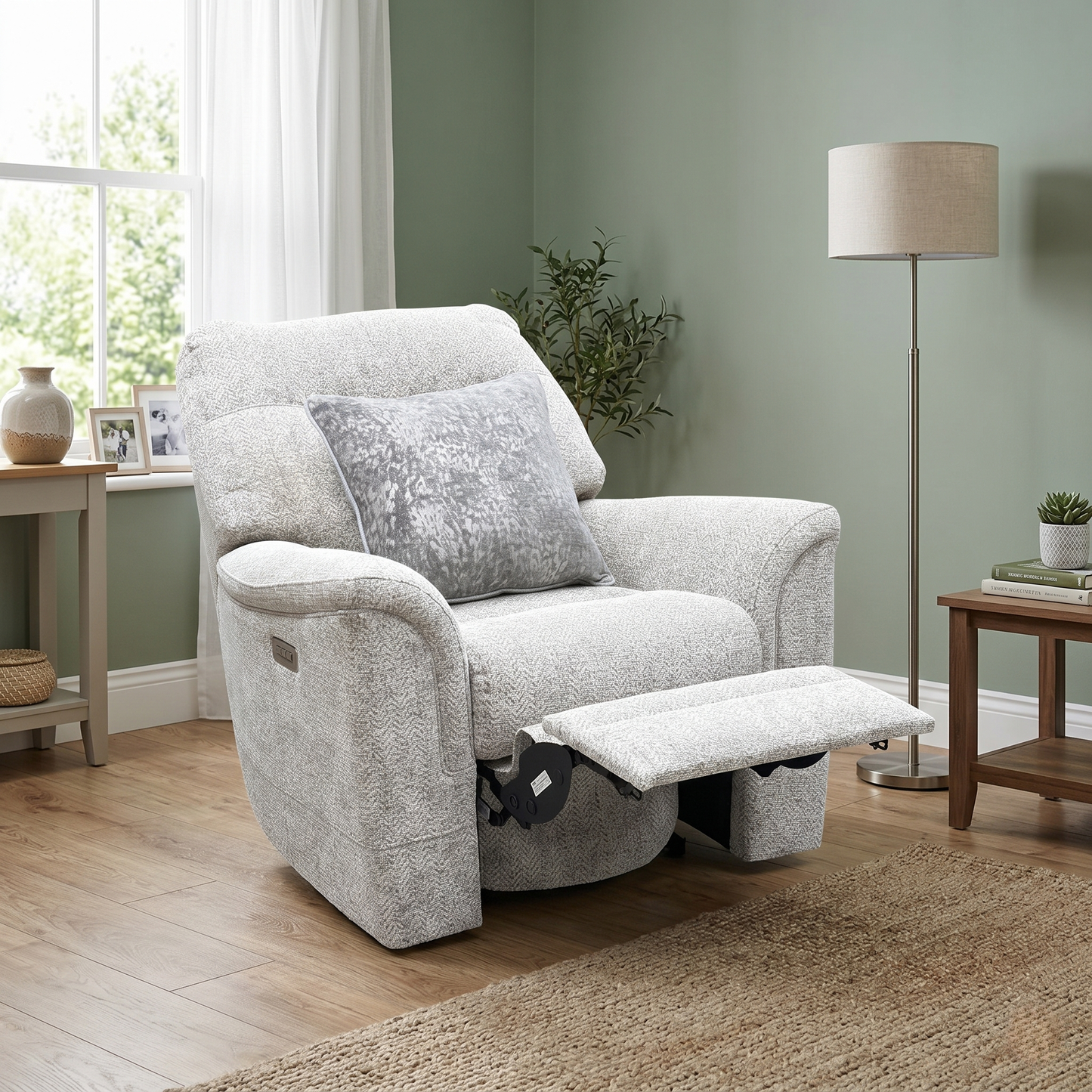 Parker Knoll ‘Hudson 23’ Ida Stone 006035-0055 Fabric Power Recliner Chair with Power Headrest and Power Lumbar