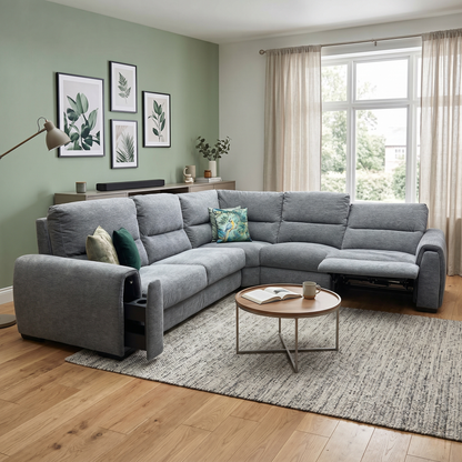 ‘Flex’ Fab-Ska-R31 Charcoal Grey Fabric Large Corner Sofa Bed with Power Recliner and Storage Arms