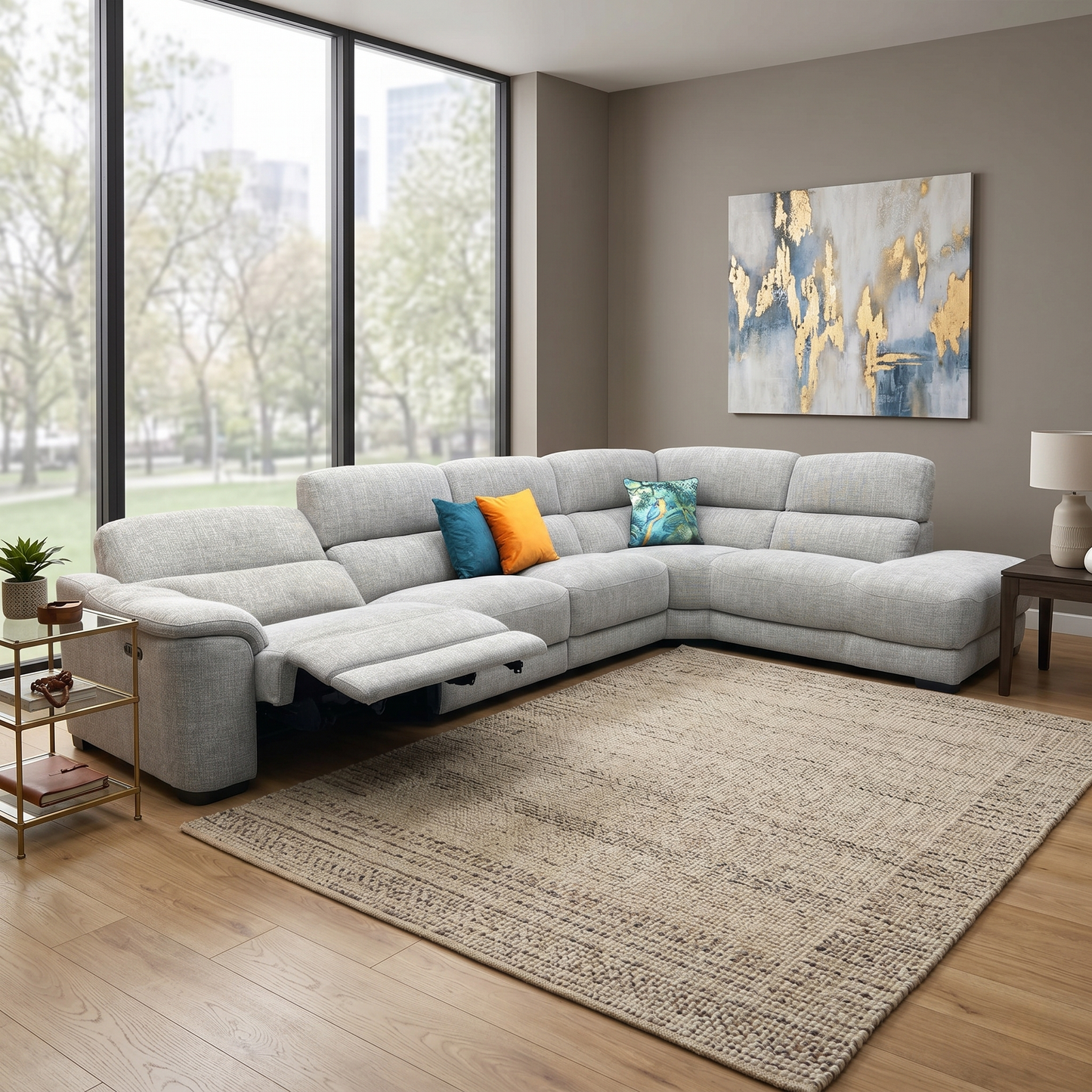 ‘Nova’ Fab-Cac-R120 Sand Fabric Power Recliner Chaise End Sofa with Power Headrest + Armless Unit