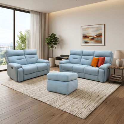 ‘Cinemax’ 3 Seater + 2 Seater Sofa Set Vv-Velvet Blu Fabric Cushion Media Arms with Power Recliner Power Headrests & Baby Blue Velvet Storage Footstool