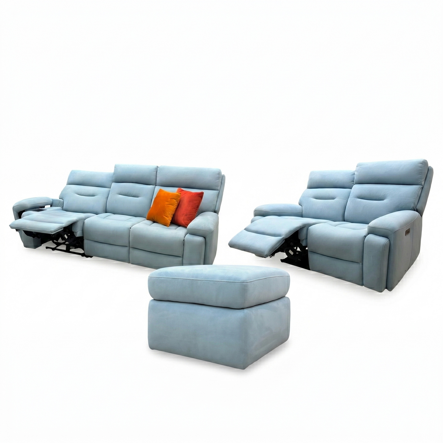 ‘Cinemax’ 3 Seater + 2 Seater Sofa Set Vv-Velvet Blu Fabric Cushion Media Arms with Power Recliner Power Headrests & Baby Blue Velvet Storage Footstool
