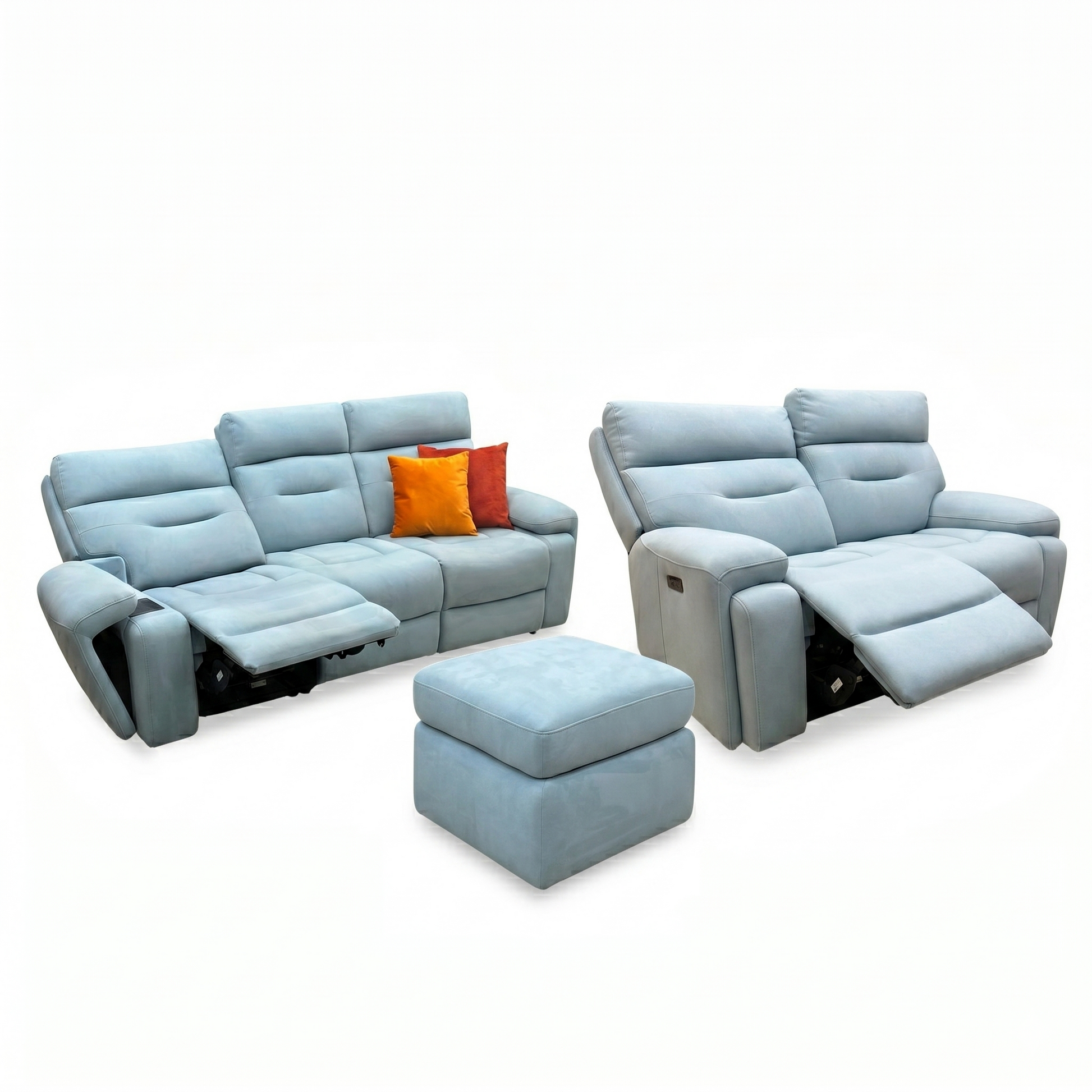 Blue reclining sofa set with an ottoman on a white background