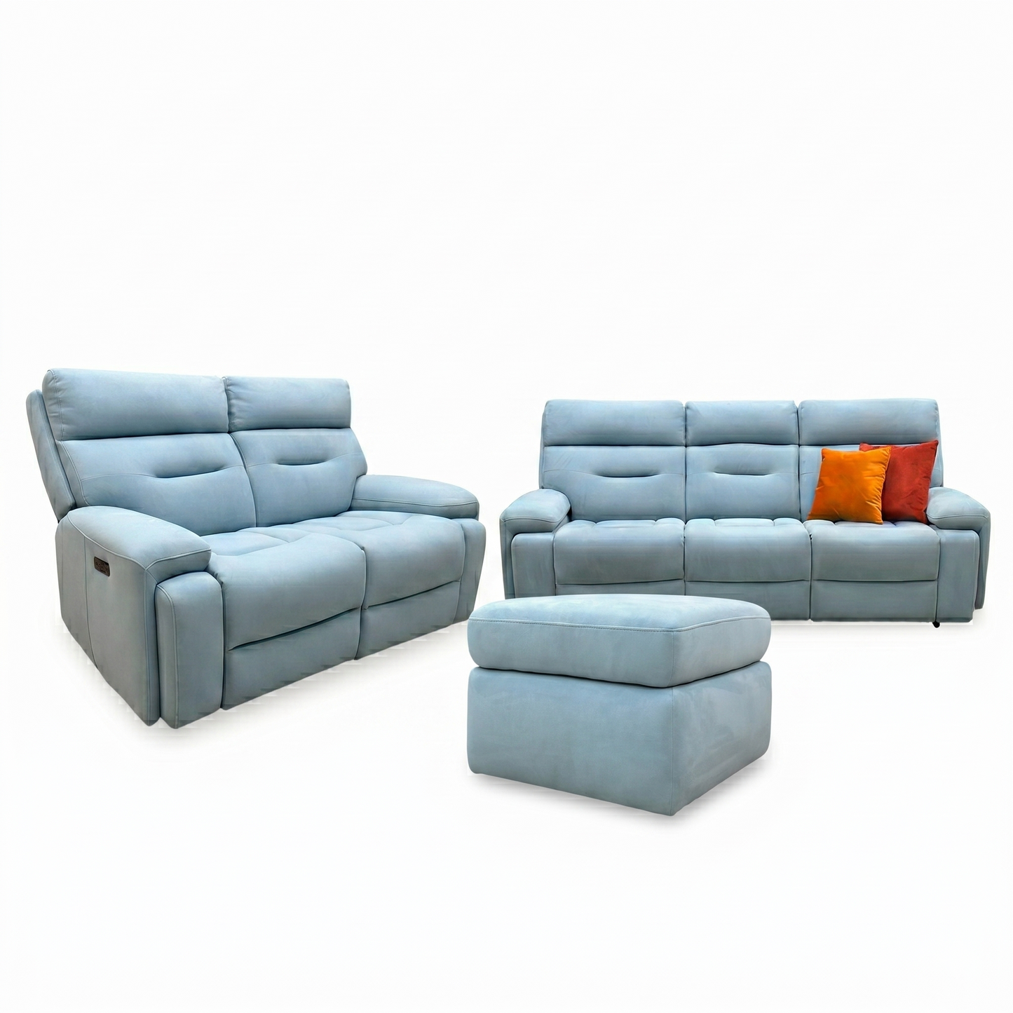‘Cinemax’ 3 Seater + 2 Seater Sofa Set Vv-Velvet Blu Fabric Cushion Media Arms with Power Recliner Power Headrests & Baby Blue Velvet Storage Footstool