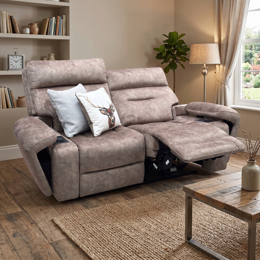 ‘Cinemax' Marble Classic Brown Be-0105 Fabric 2 Seater Media Arm Power Recliner Sofa with Power Headrests