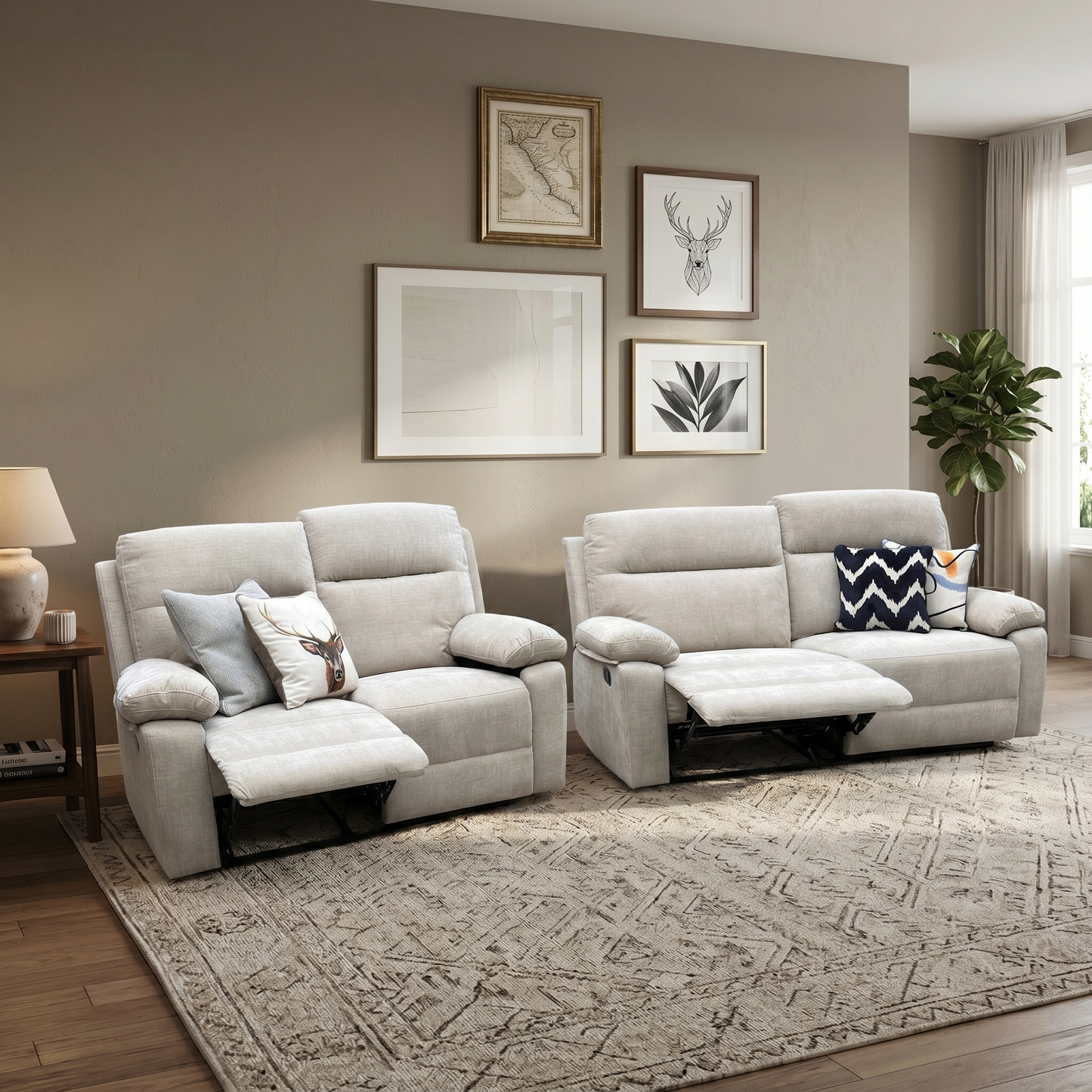 'Fenway' Beige Woven Fabric Manual Recliner 3 + 2 Seater Sofa Set