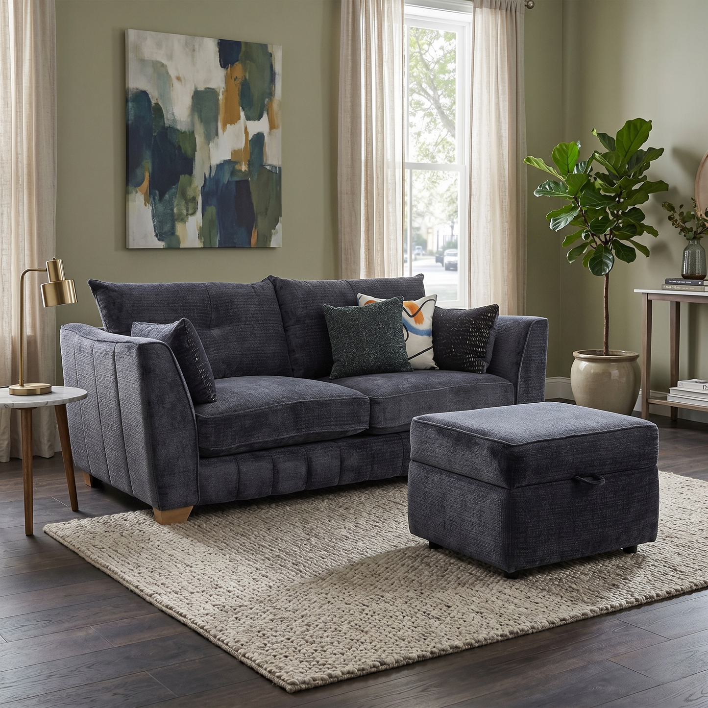 ‘Allure’ Coco Indigo Woven Fabric Formal Back 3 Seater Sofa + Small Storage Footstool