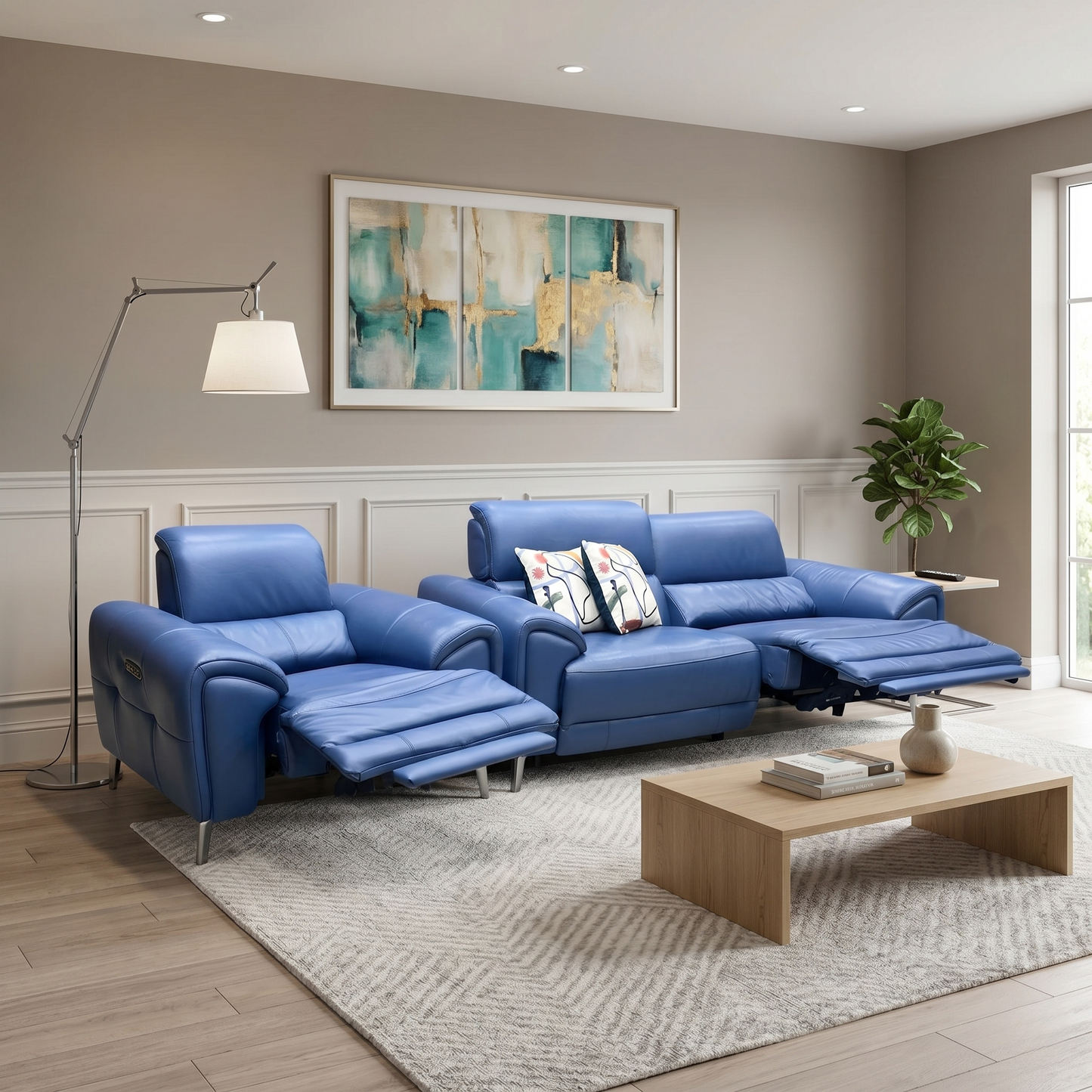 ‘Vino’ Cat-40_12 Aegean Blue Leather 3 Seater Power Recliner Sofa with Power Headrests and Heated Seats + Power Chair