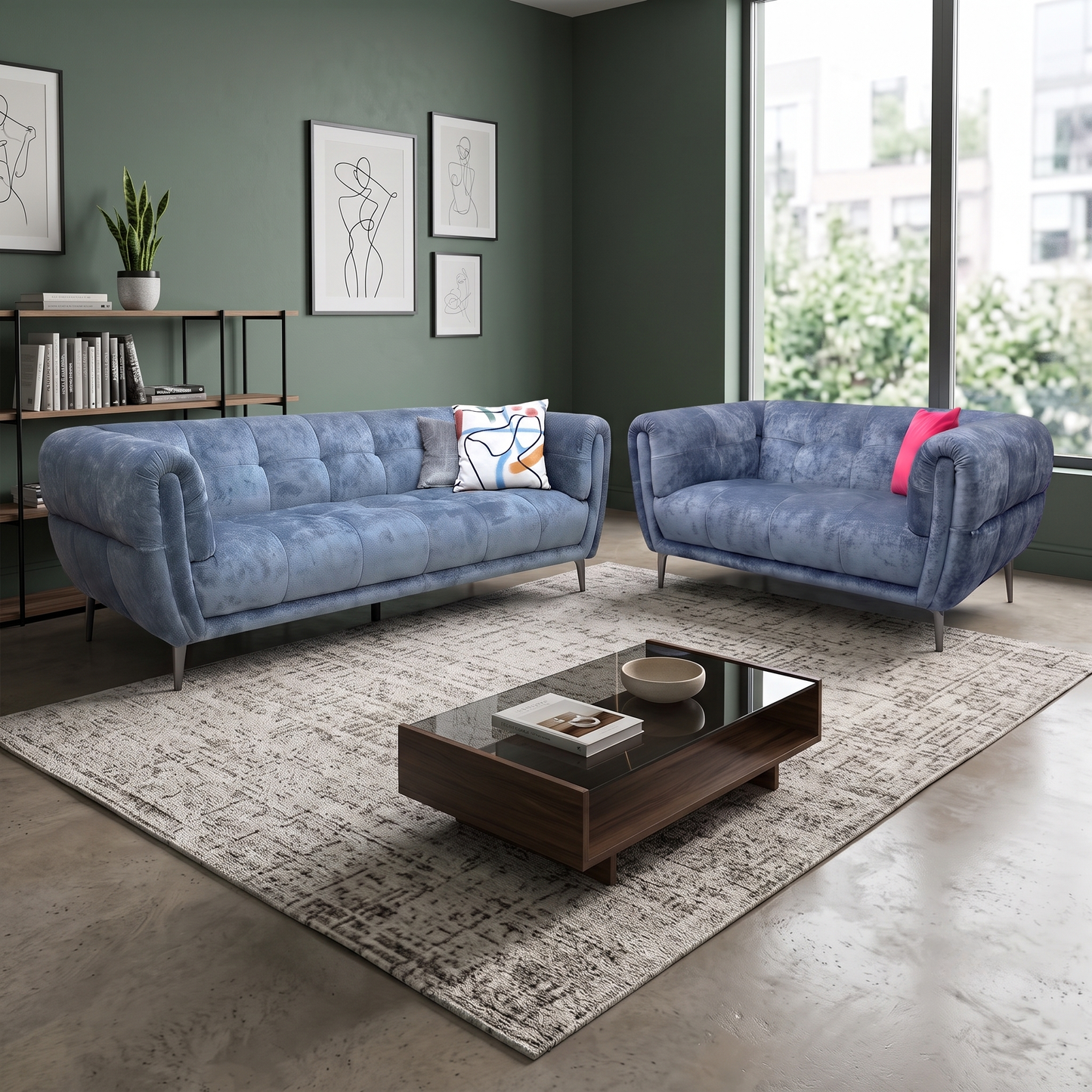 'Sienna' Hudson Ocean Blue Fabric 3 + 2 Seater Sofa Set