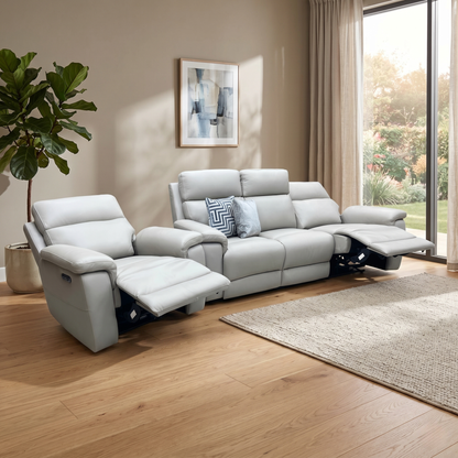 ‘Raven’ Oslo Light Grey Cat-40_27 Leather 3 Seater Power Recliner Sofa with Power Headrests + Power Chair