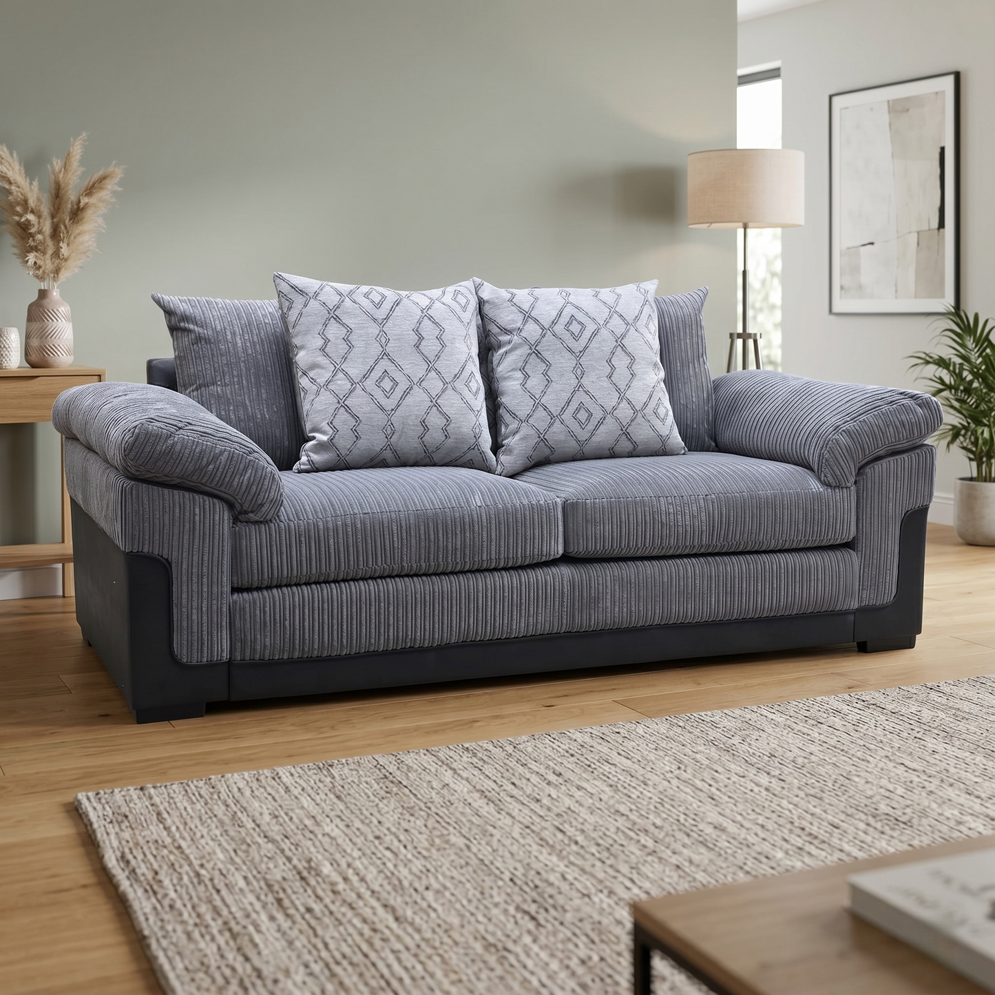 ‘Marissa’ Grey Jumbo Cord 3 Seater Sofa