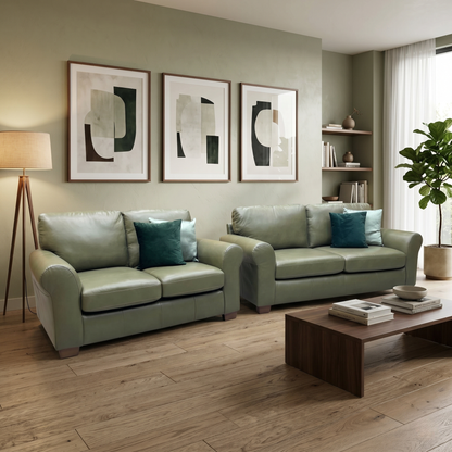 ‘Bailey’ Olive Green Italian Leather 3 + 2 Seater Sofa Set