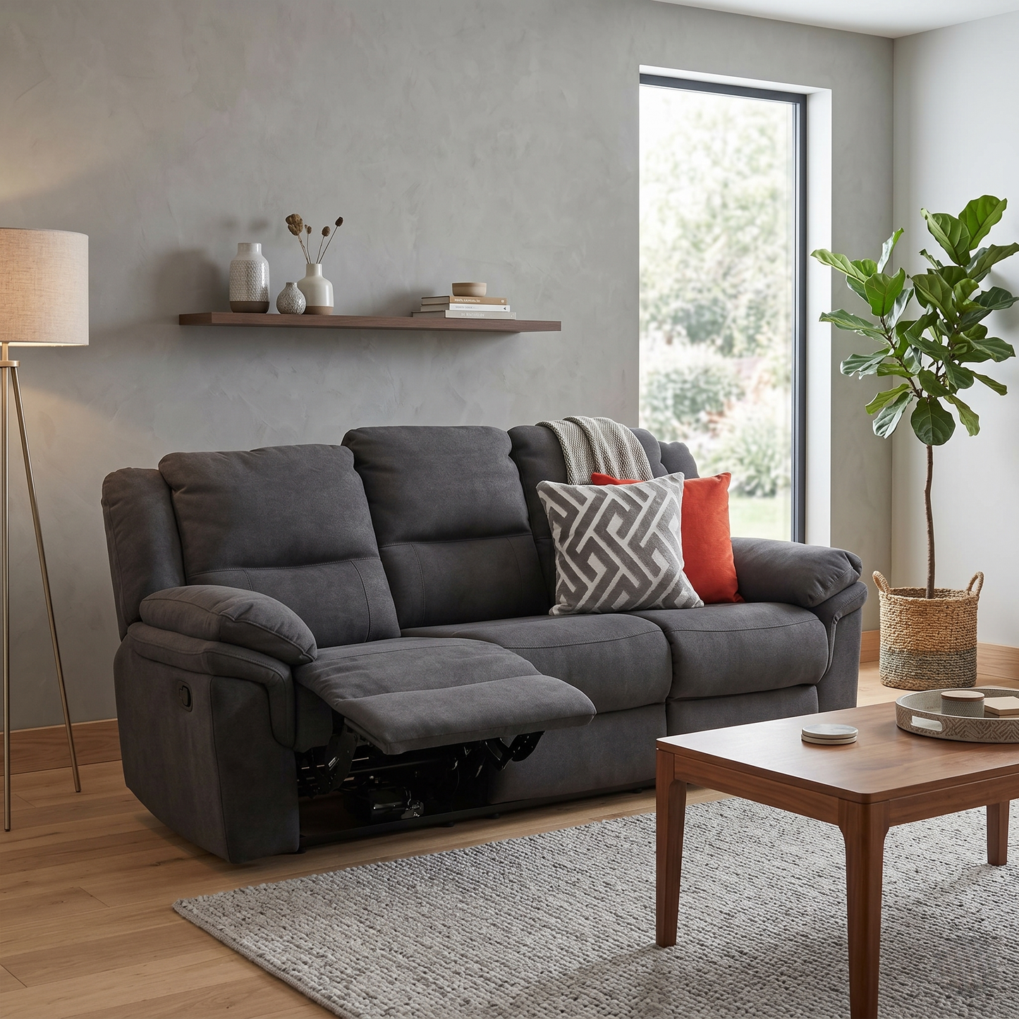 'Albion’ Grey Chenille 3 Seater High Back Manual Recliner Sofa